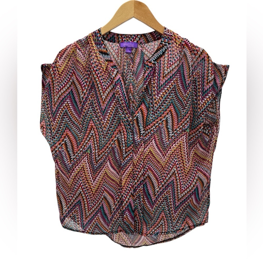 Hale Bob Zigzag Multicolor Sheer Blouse Work Office Career Layering Feminine L